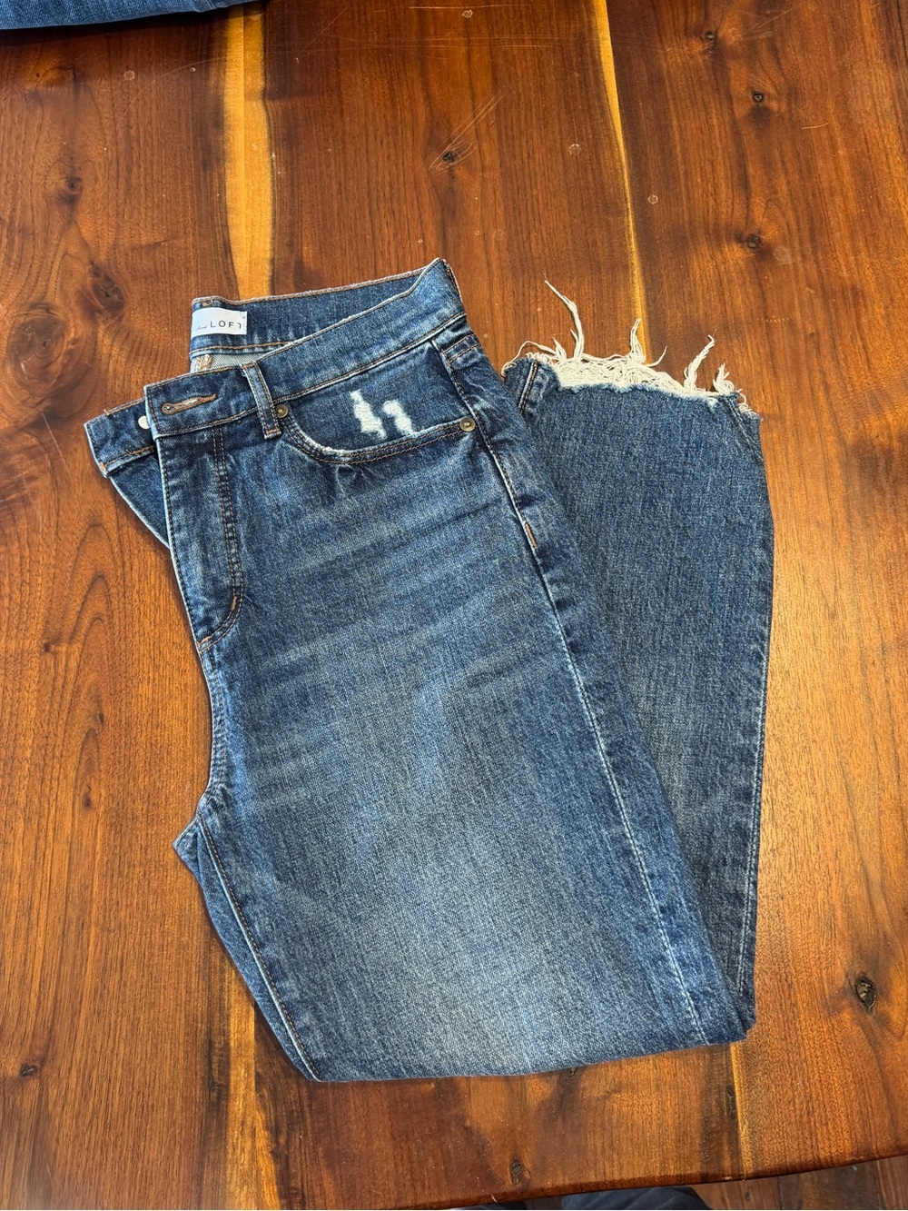 LOFT Straight-Leg Frayed Hem Blue Jeans